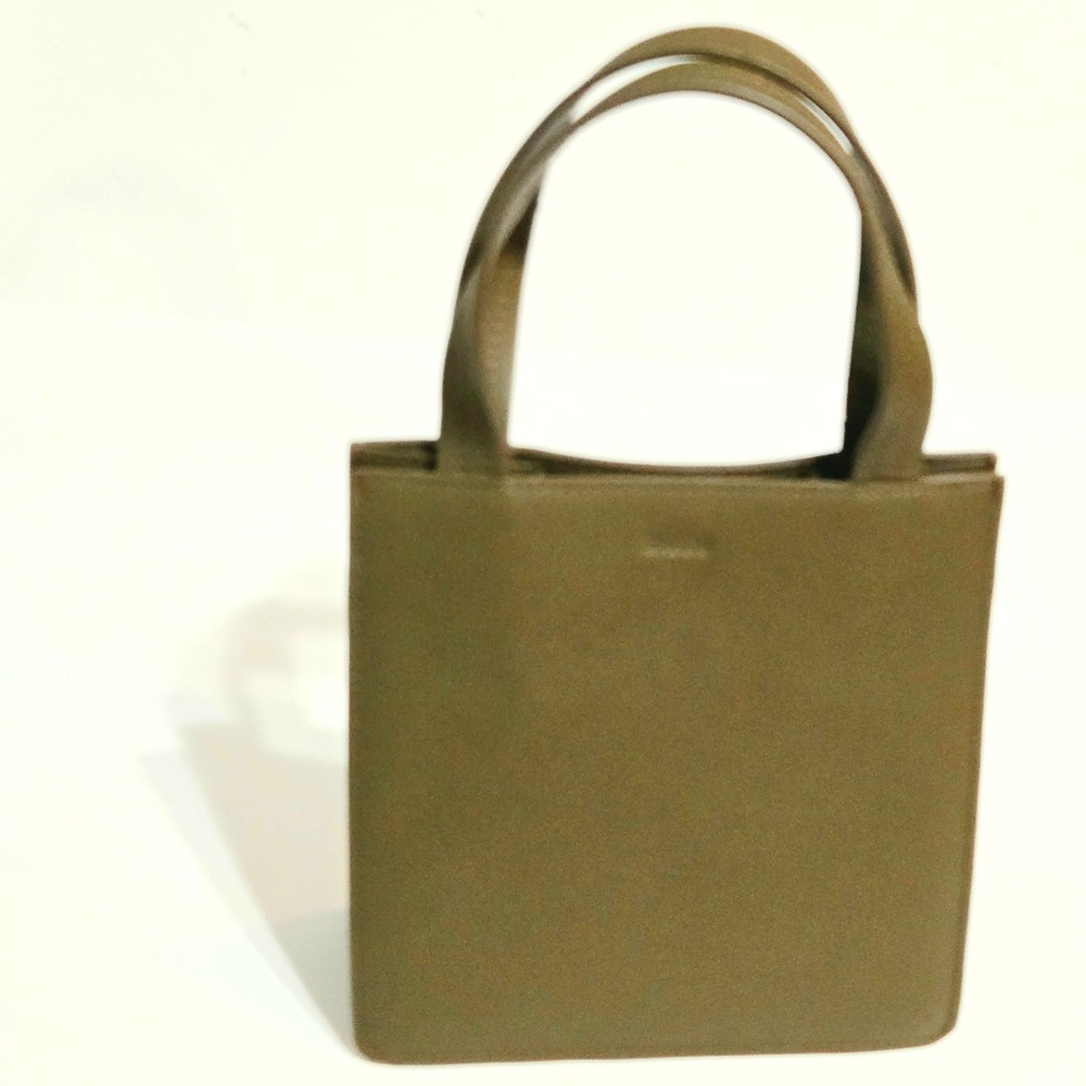BAGGU Mini Tote Bag 7" Olive Green Leather Square Top Handles Handbag